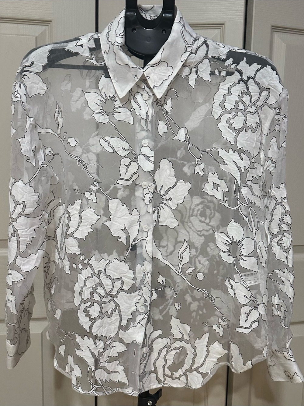 Zara White Sheer Floral Button-Down Blouse